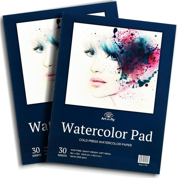 Art-N-Fly Watercolor Paper Pad 9x12" 2 Pack - Cold Press Water Color Sketchbook Pad 30 Sheets 140 lb for Art Painting, Drawing, Wet & Mixed Media - Water Coloring Paint Paper for Artist & Kids
