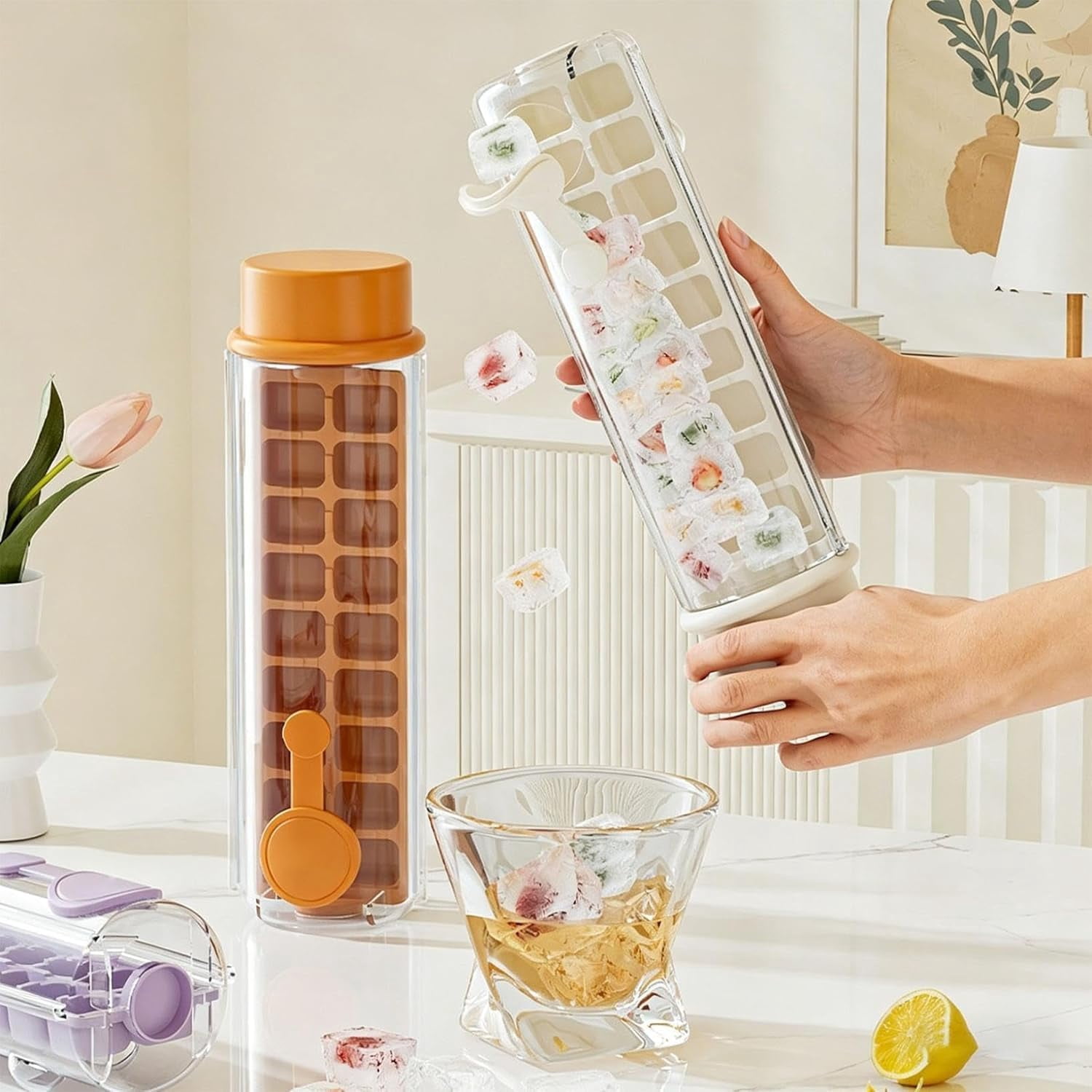 One Press Ice Cube Tray with Storage Bin, 18 Grids Square Silicone Ice Maker for Kitchen Office, Rotary Demolding Mold for Daily Use (1 PC, Orange)