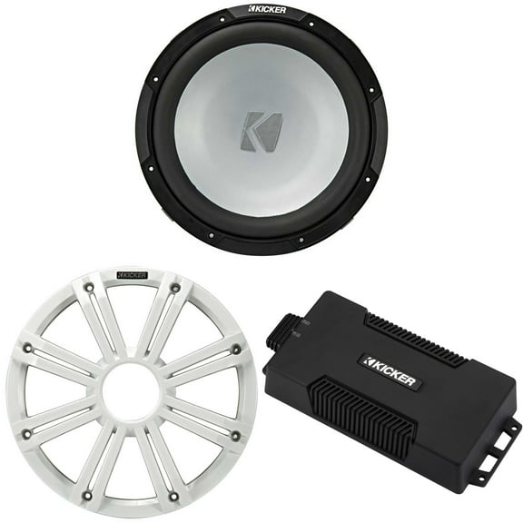 Kicker 48PXA6001 Weatherproof Powersport Mono Amp & 12" 2 Ohm Free-Air Marine Subwoofer ( White Grill )