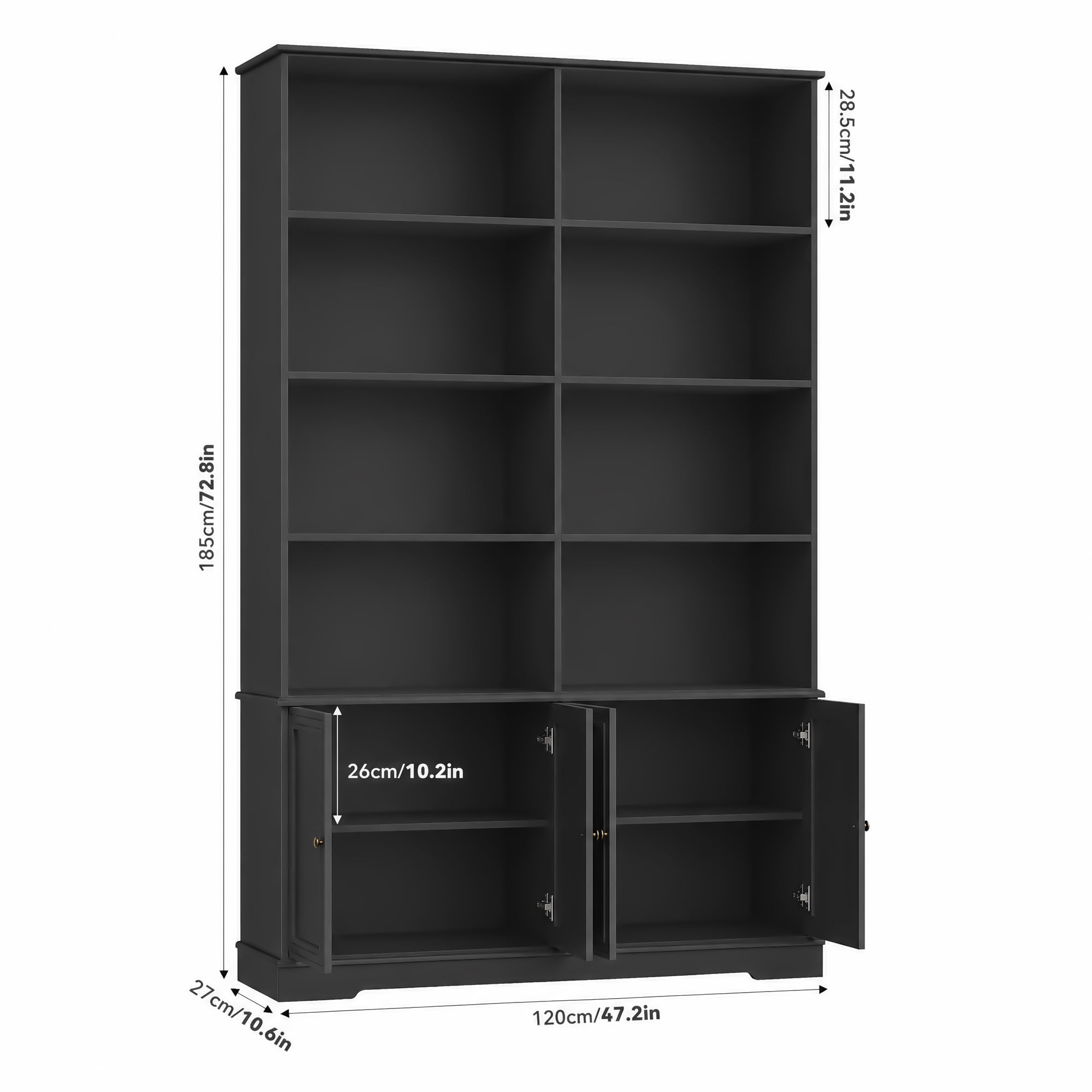 Homfa 73'' Bookcase and Bookshelves with Doors, Double Wide Wood Display Bookshelves for Living Room Home Office, Black