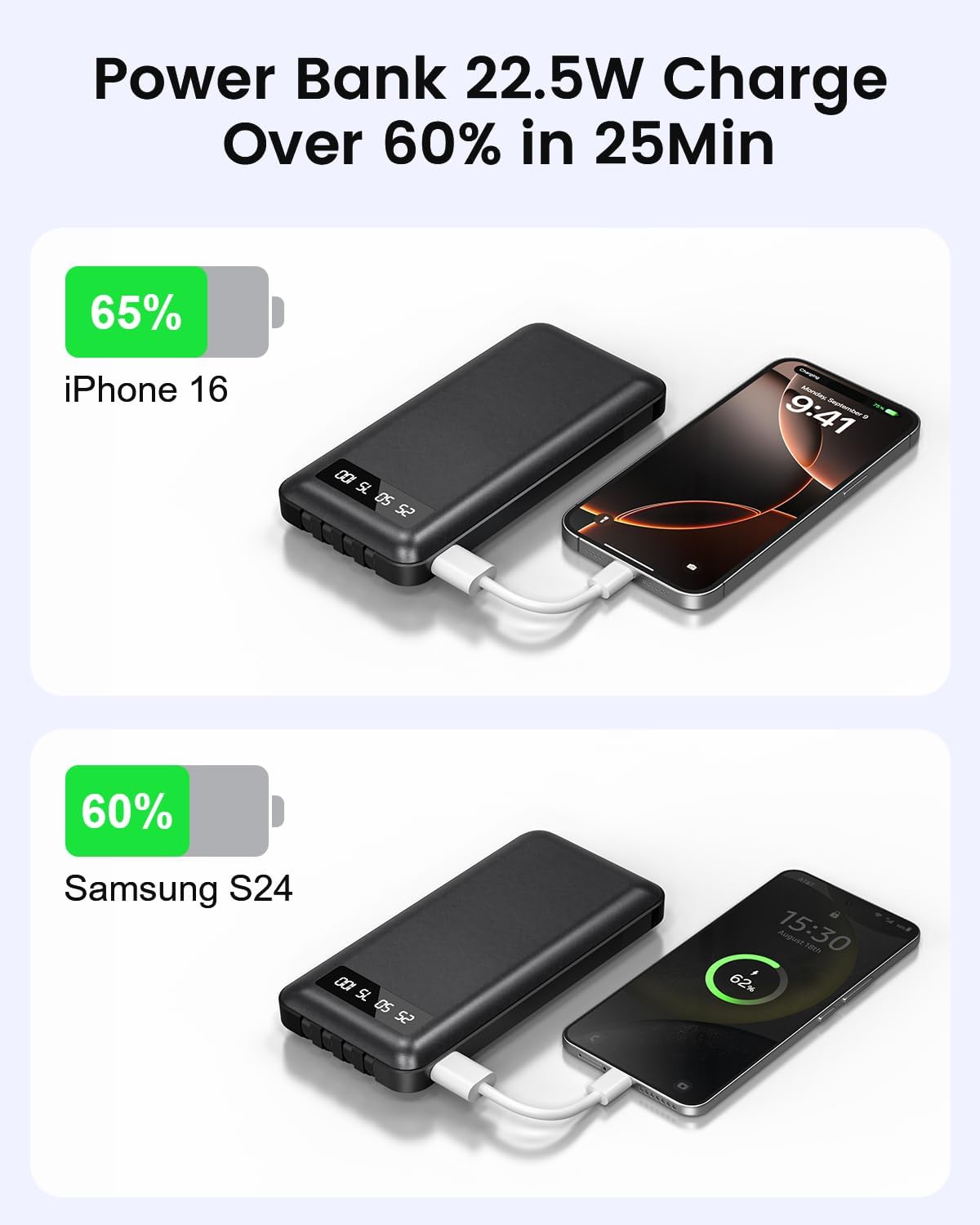 Portable Charger Power Bank with 4 Built in Cables,38800mAh 22.5W External Battery Pack, USB C Fast Charging, Travel Phone Charger for iPhone 17/16/15 Samsung Android iPad(Black,38800mAh)