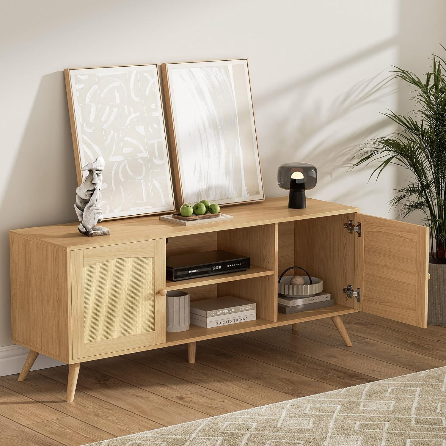 DIYART Oak Rattan TV Stand for 60 Inch TV, Wooden Mid Century Modern Entertainment Center with Natural Rattan Door, Boho Media TV Console for Living Room