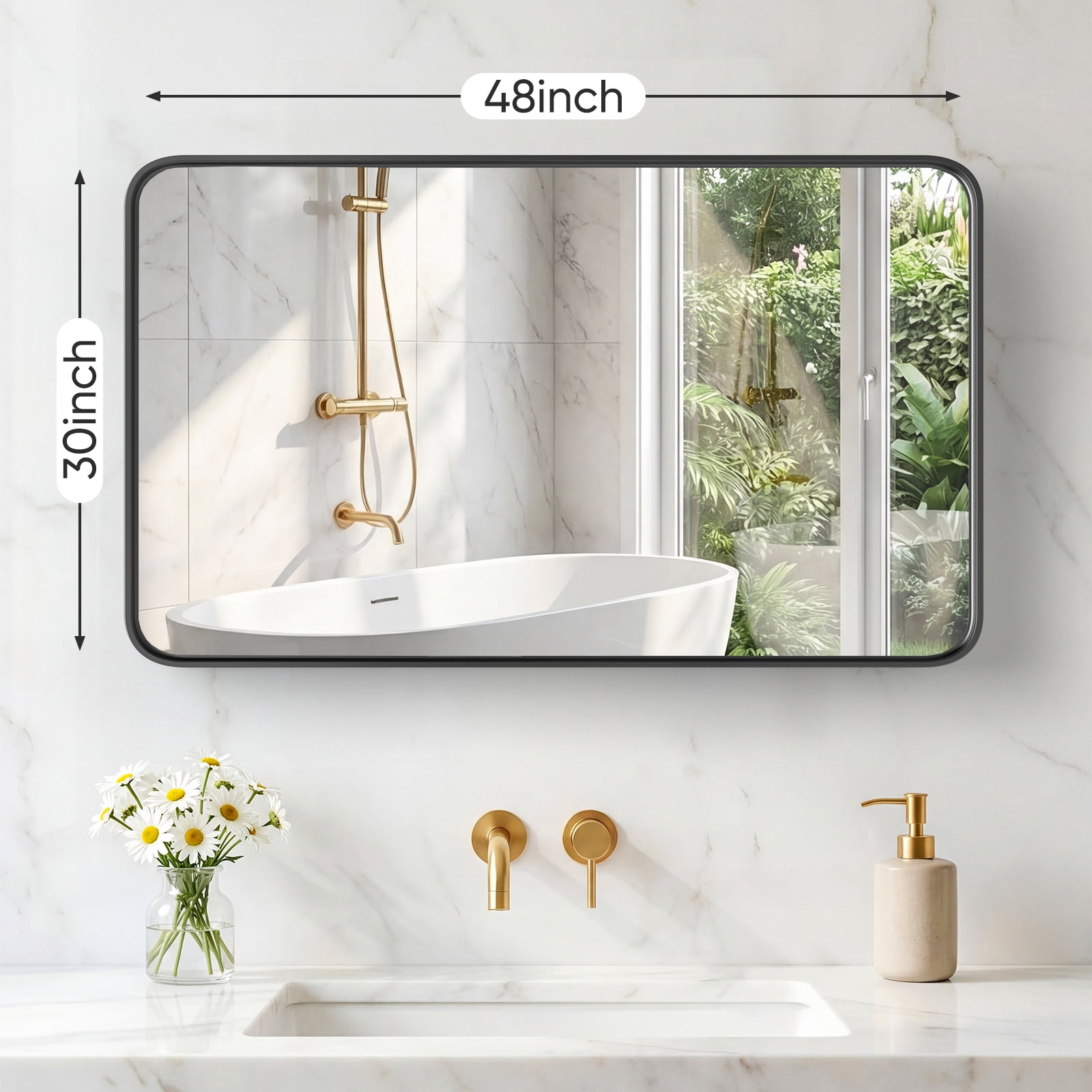 Gianna Anti-Fog Bathroom Wall Mirror – 30" x 48" Shatterproof Vanity Mirror with Rectangular Metal Frame, Black