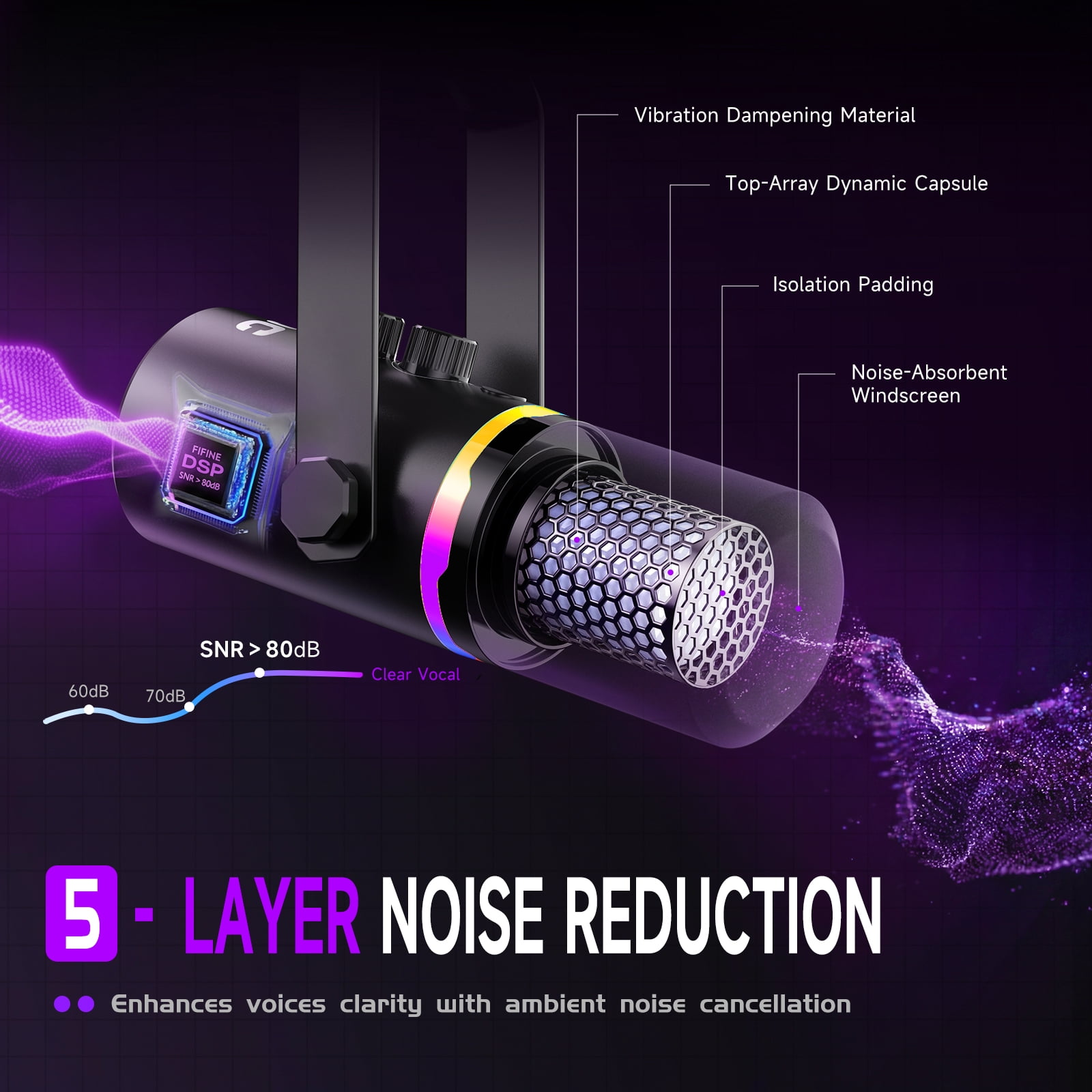 AOC USB/XLR Dynamic Microphone for Podcast Recording, PC Computer Gaming Streaming Mic with RGB Light, Mute Button, Headphones Jack, Desktop Stand, Vocal Mic for Singing YouTube, Black
