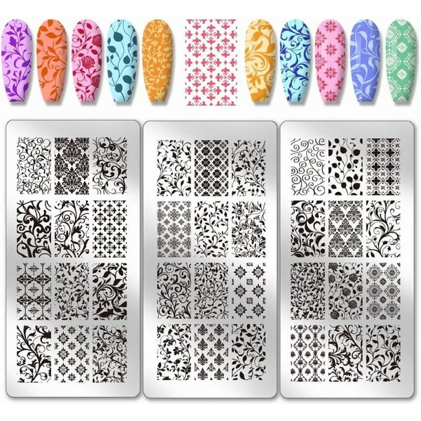 Juego de 3 placas para estampar uñas con textura floral (36 diseños diferentes): plantillas para manicura con motivos de hojas y plantas. Placa de acero inoxidable con imagen para uñas.