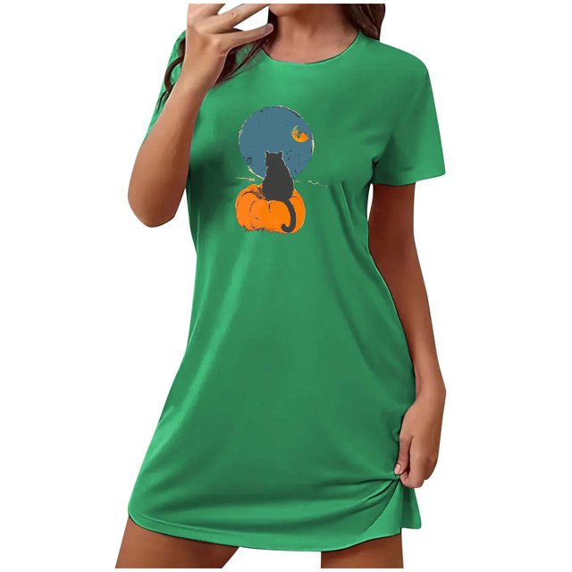 Sakmal Pyjama Vert pour Femmes Grande Taille Extensible d'Halloween Robe de Nuit Ultra Douce Courte à Imprimé Chat Noir à Manches Courtes Col Ras du Cou Chemises de Nuit P-2TG