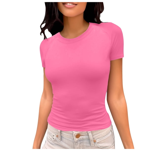 Camiseta de manga corta ajustada y moderna para mujer: corte ajustado y sexy, versátil con vaqueros/pantalones cortos, tejido suave para el verano, talla real, lavado en frío.