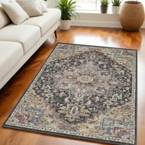 5' X 7' Charcoal Brown and Yellow Floral Medallion Distressed Area Rug