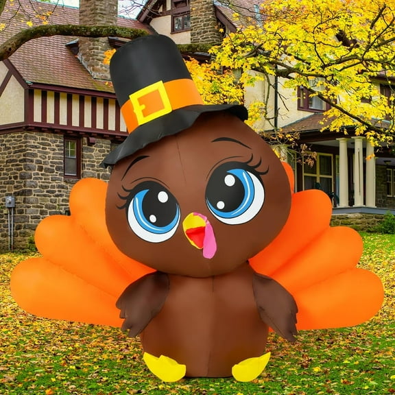 COMIN 5.4 FT Thanksgiving Inflatables Outdoor Big Eye Turkey Decorations, Blow Up Inflatable with Built-in LEDs for Thanksgiving Indoor Yard Lawn Garden Decor