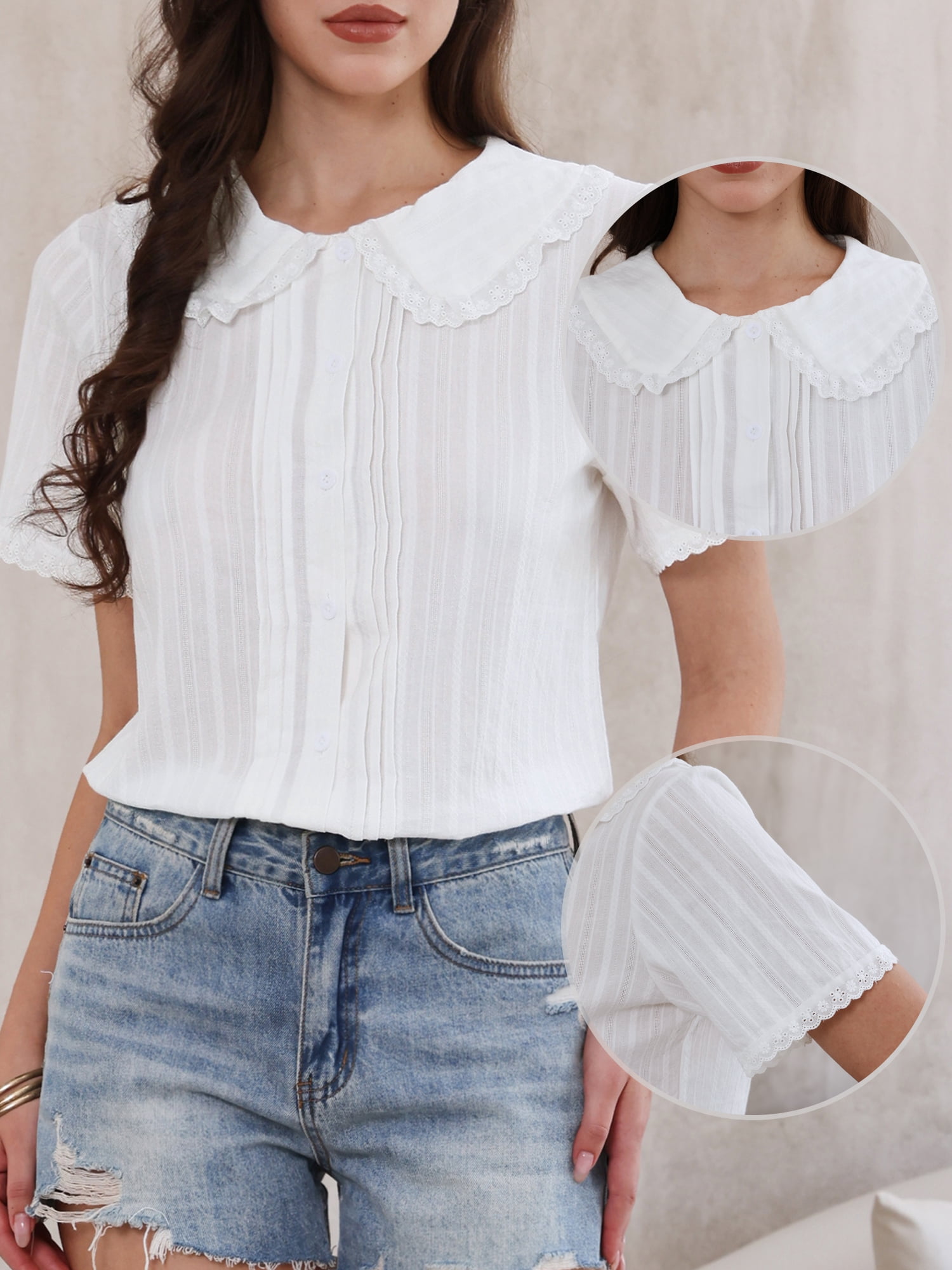 DARING DIVA Women's Short Sleeve Ruffle Pan Collar Button Down Cotton Blouse S White