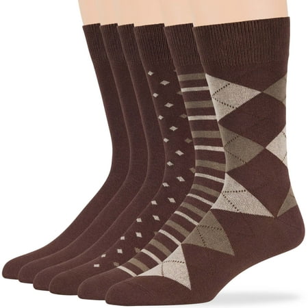 Mens Cotton Patterned-Solid Assorted Socks, Brown, Large 10-13, 6 Pack