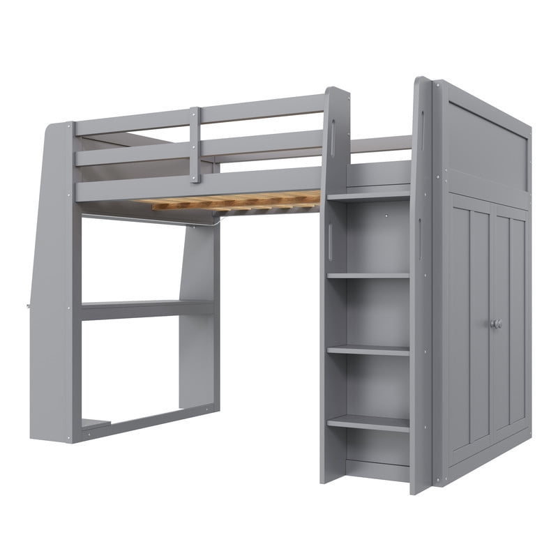 Euroco Wood Full Size Loft Bed with Desk and Wardrobe, High Loft with LED Light and USB Ports, Grey