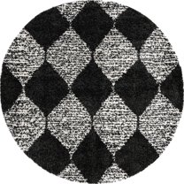 Rugs.com Serenity Shag Collection Rug – 7 Ft Round Black And White Shag Rug Perfect For Kitchens, Dining Rooms