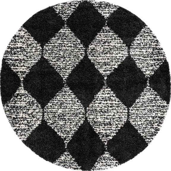 Rugs.com Serenity Shag Collection Rug – 7 Ft Round Black And White Shag Rug Perfect For Kitchens, Dining Rooms