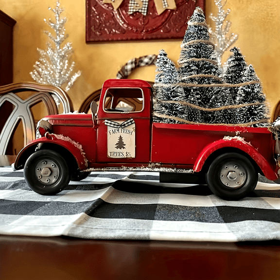 1pc Christmas Vintage Red Truck with Tree Figurine - Resin Collectible Tabletop Decor for Home & Holiday, Fashion Theme, Versatile Room Decor, Gift for Friends & Family
