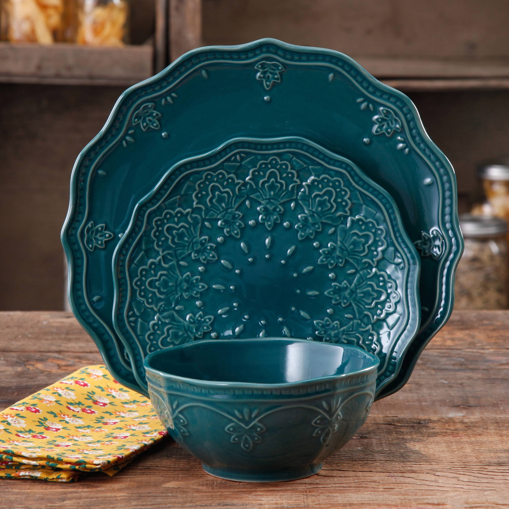 Teal The Pioneer Woman Cowgirl Lace 12-Piece Dinnerware Set 