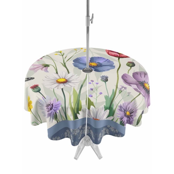 Outdoor Tablecloths with Umbrella Hole & Zipper, Blue Wildflowers Round Tablecloth 54 Inch, Farmhouse Country Spring Butterfly Floral Waterproof Table Cloth, Patio/Pool/Picnic Table Covers