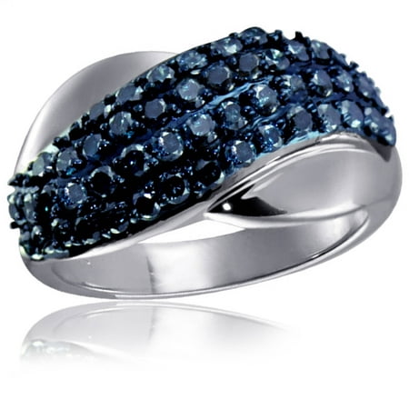 JewelersClub 1.00 CTW Round cut Blue Diamond Crossover Sterling Silver Ring