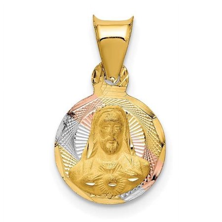 14K Yellow & Rhodium with Rose & White Diamond-Cut Sagrado Corazon Pendant