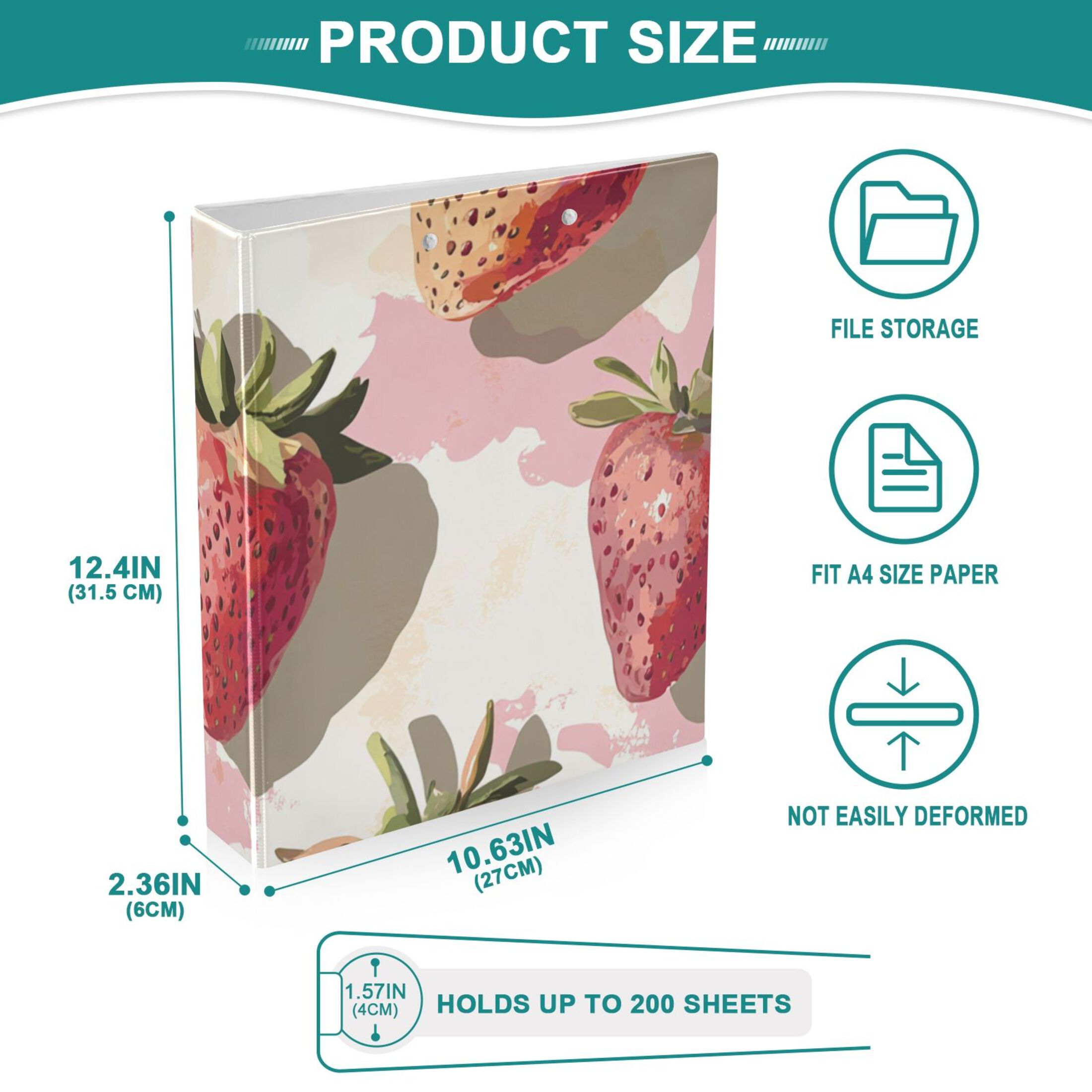 Print Strawberrys 3 Ring Binders 1.5 inch Hardcover File Folders with Interior Pockets A4 Size Organizer for School Office Hospital