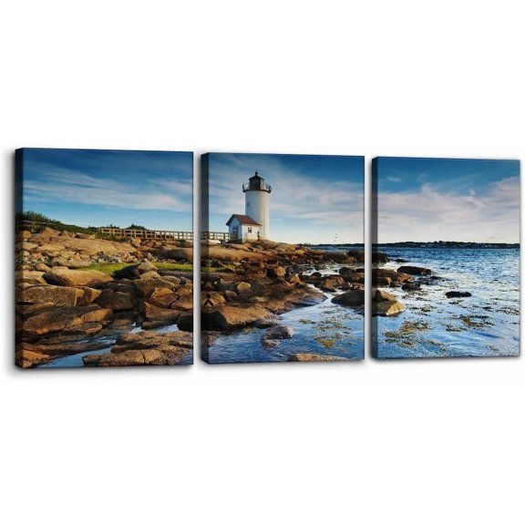 3 Pieces Cityscape Canvas Wall Art - Annisquam Lighthouse Pictures Print on Canvas Massachusetts Landscape Modern Artwork for Home Office Decor Stretch and Framed Ready to Hang - 12" x 16" x 3