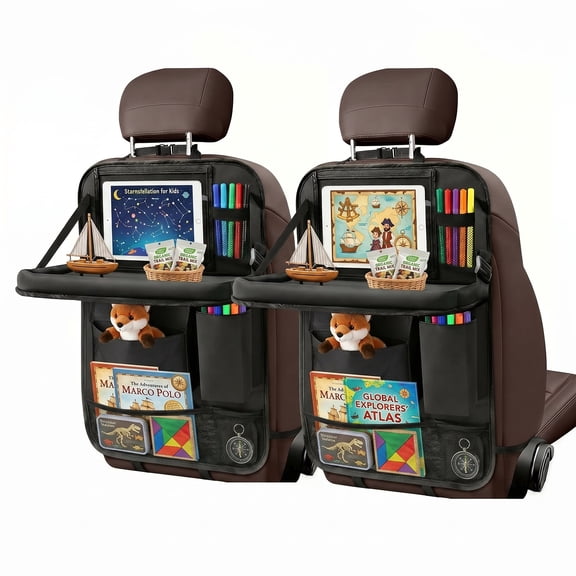 Black Car Backseat Organizer, 2-Pack with 10 Storage Pockets and Tablet Holder, Practical Travel Accessories, Functional Back Seat Storage Bag for Kids and Family Road Trips