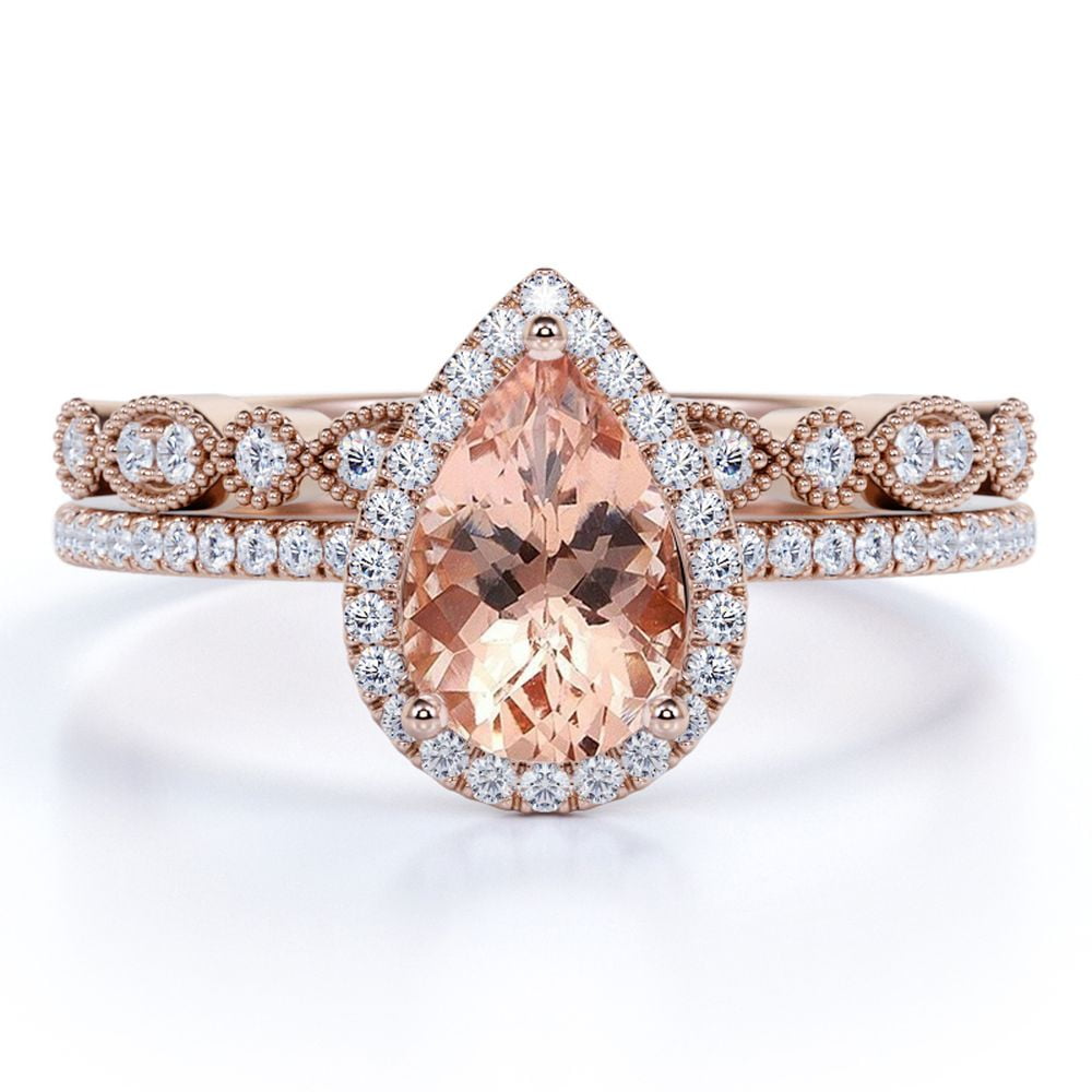 JeenMata Antique 1.5 TCW Pear Cut Created Morganite and Moissanite Milgrain Wedding Set On 18K Rose Gold Over Silver