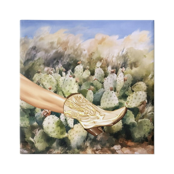 Stupell Industries Cowgirl Boot & Cactus Botanical & Floral Painting Gallery Wrapped Canvas Art Print Wall Art, 17 x 17