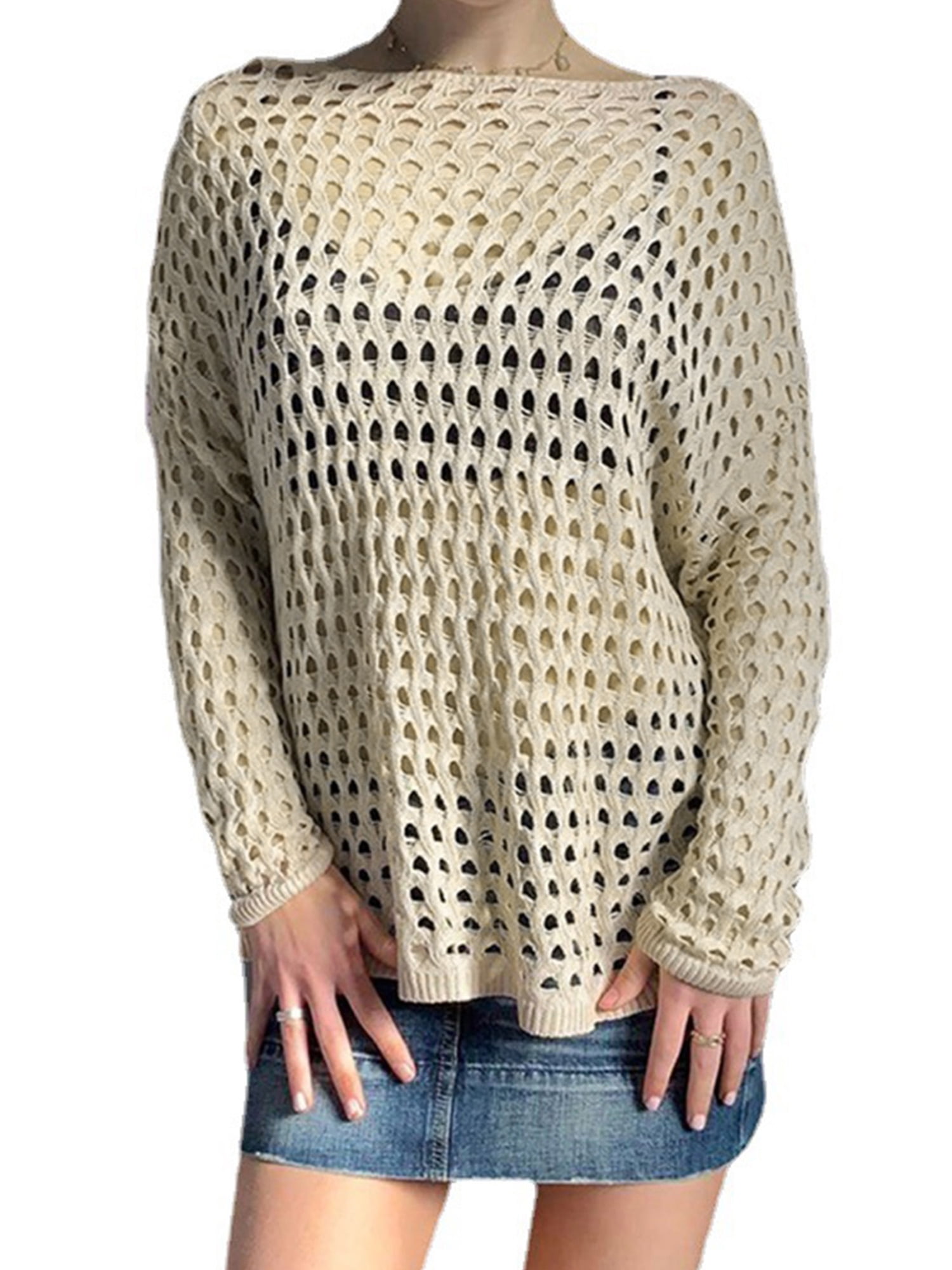 Women's Knitted Cover-Ups Hollow-Out Holes Solid Color Long Sleeve T-Shirt  Round Neck Perspective Beachwear - Walmart.com
