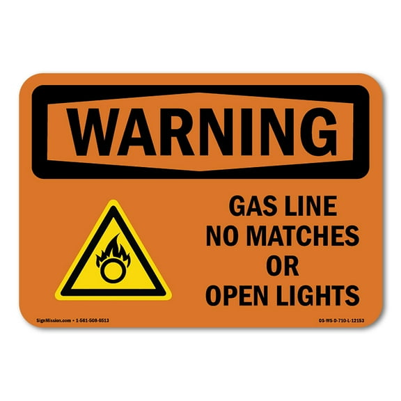 OSHA WARNING Sign - Gas Line No Matches Or Open Lights With Symbol | Plastic Sign | Protect Your Business, Work Site, Warehouse | Made in the USA