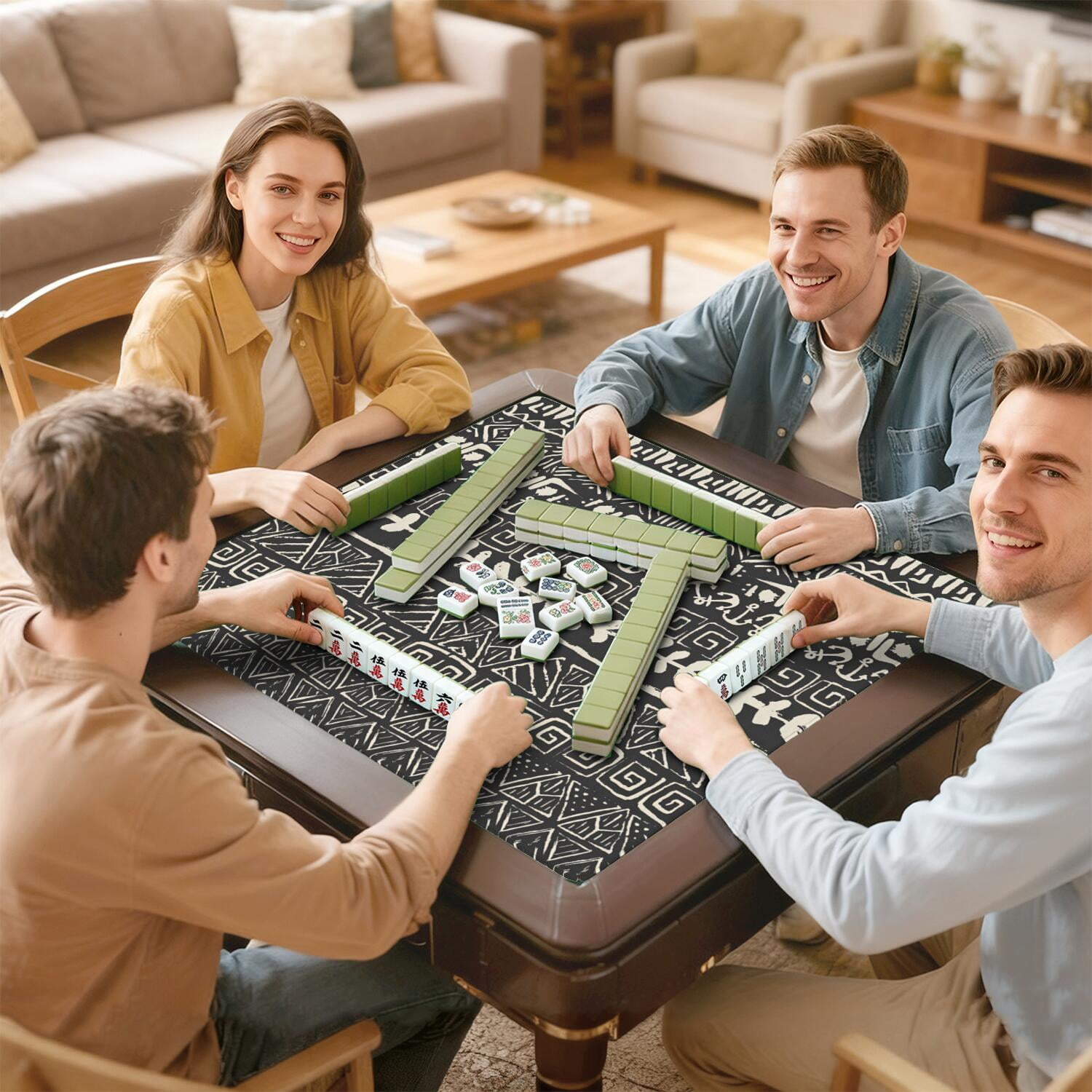 Classic Boho Style Non-Skid Rubber Mahjong Mat 31.5 Inch Square Large Playing Surface with Noise Reduction for Game Room Family Fun and Cards