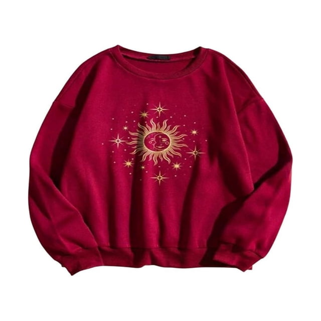 POINTERTECK Long-Sleeved Fall Pullover Simple Sun and Moon Print Sweatshirt Casual Oversized Loose Sweater Top,Beige