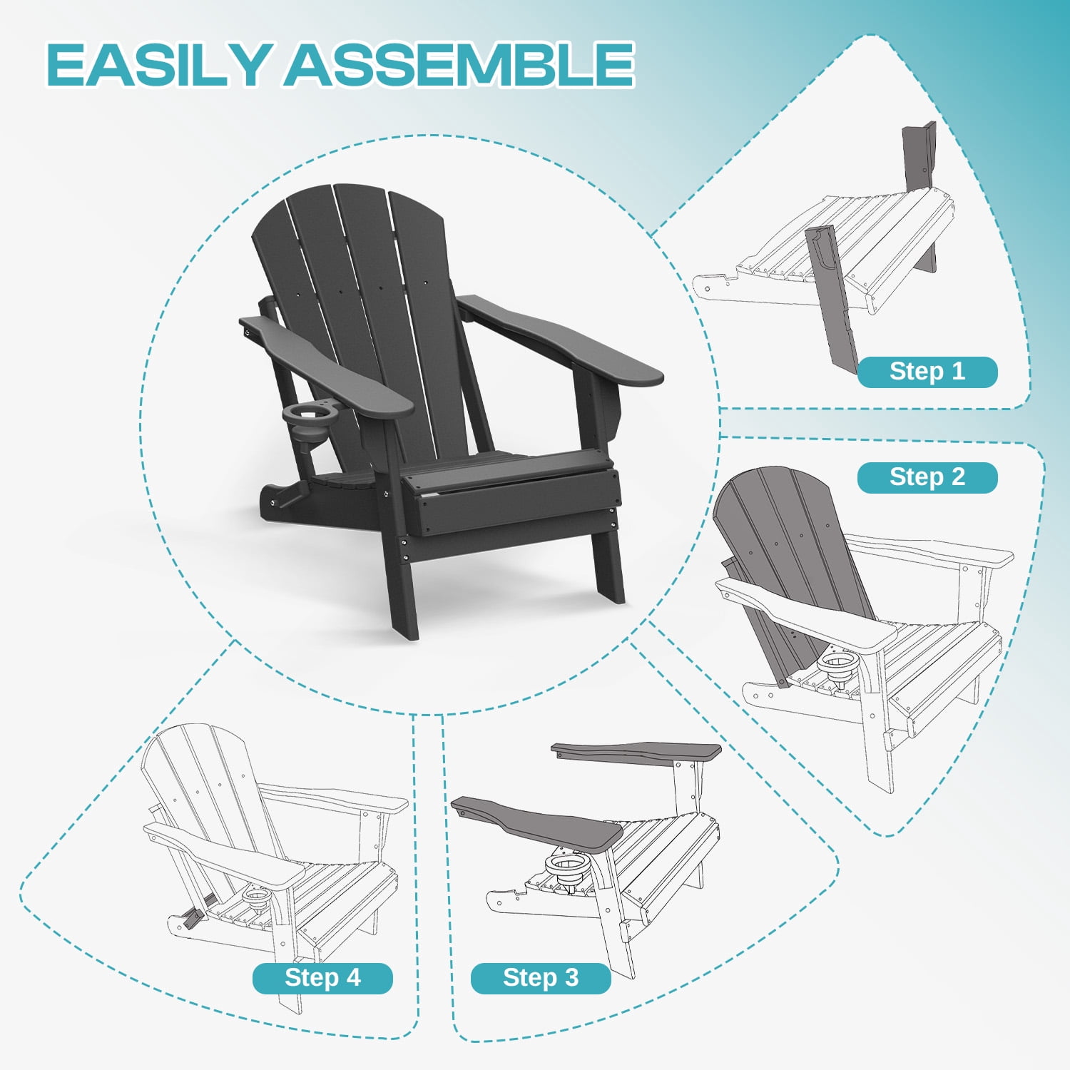 FODINGHILL Outdoor Folding Adirondack Chair, HDPE All Weather Patio Chair with Cup Holder for Deck Backyard Garden, Grey