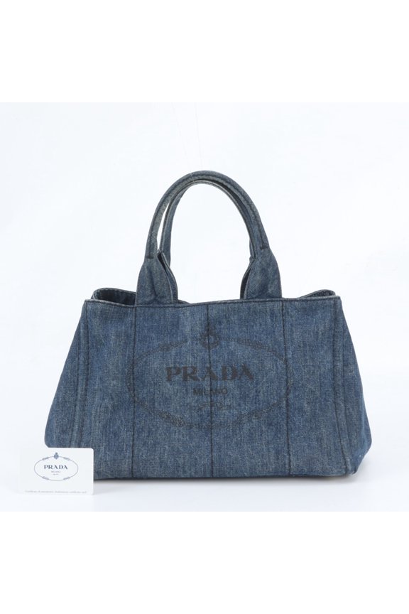 Pre-Owned Prada Canapa Denim Blue Tote Bag (B1877B) with Guarantee Card - Women's...