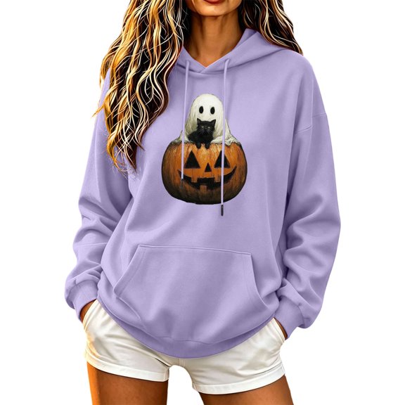 asdoklhq Halloween Pumpkin Sweaters Graphic Tshirts Shirts Winter Ladies' Graphiced Long Sleeve Hooded Sweatshirt Purple 2X