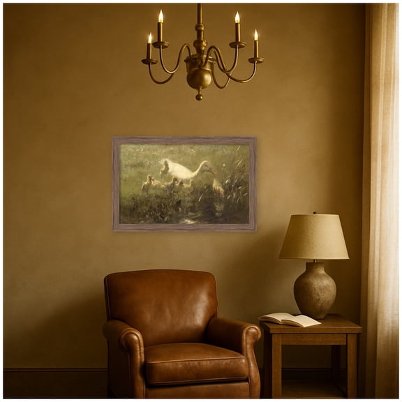 Kate and Laurel Framed  Canvas Wall Art Print Witte end met kiekens 1910 Willem Maris by Nostalgia Prints, 35 x 23, Pia Medium Brown Narrow Frame, Classic,  Art for Wall Decor