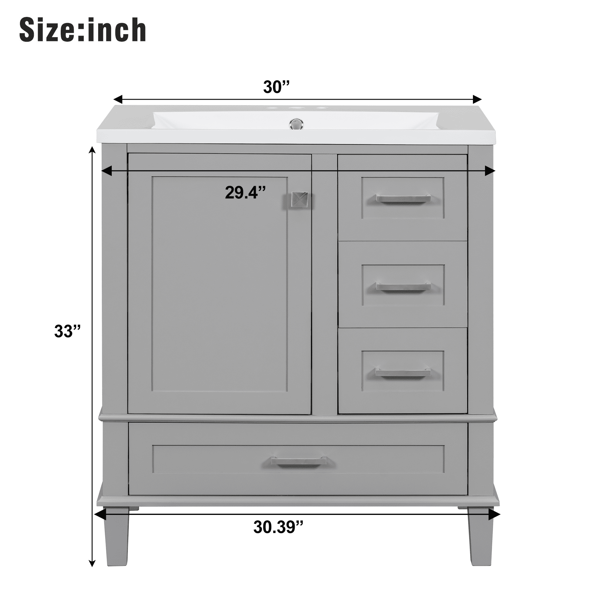 Royard Oaktree 30" Bathroom Vanity w/Resin Sink, Modern Bathroom Cabinet w/Soft Closing Door & 3 Drawers