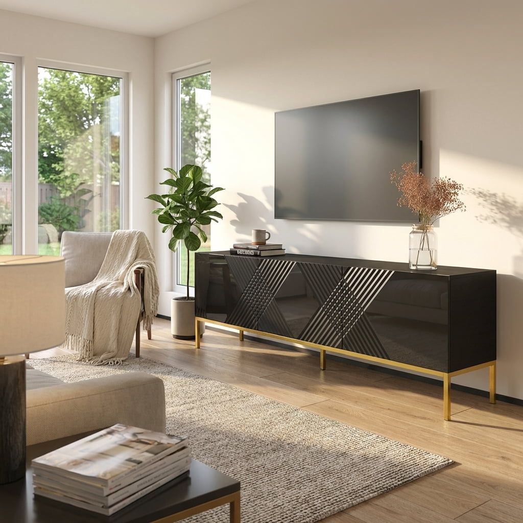 Exito 01 TV Stand for TVs up to 85", Mid-Century Modern High Gloss 75" Entertainment Center, TV Media Console with Storage Cabinets