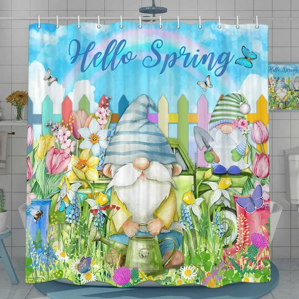 Spring Gnomes Shower Curtain, Green Grass Plant Leaf Flower Fabric
