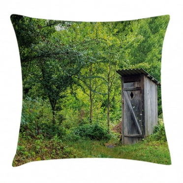 Outhouse Throw Pillow Cushion Cover, Old Ancient Cottage Outhouse in a Spring Mountian Forest Woods Image, Decorative Square Accent Pillow Case, 18 X 18 Inches, Fern Green and Brown, by Ambesonne