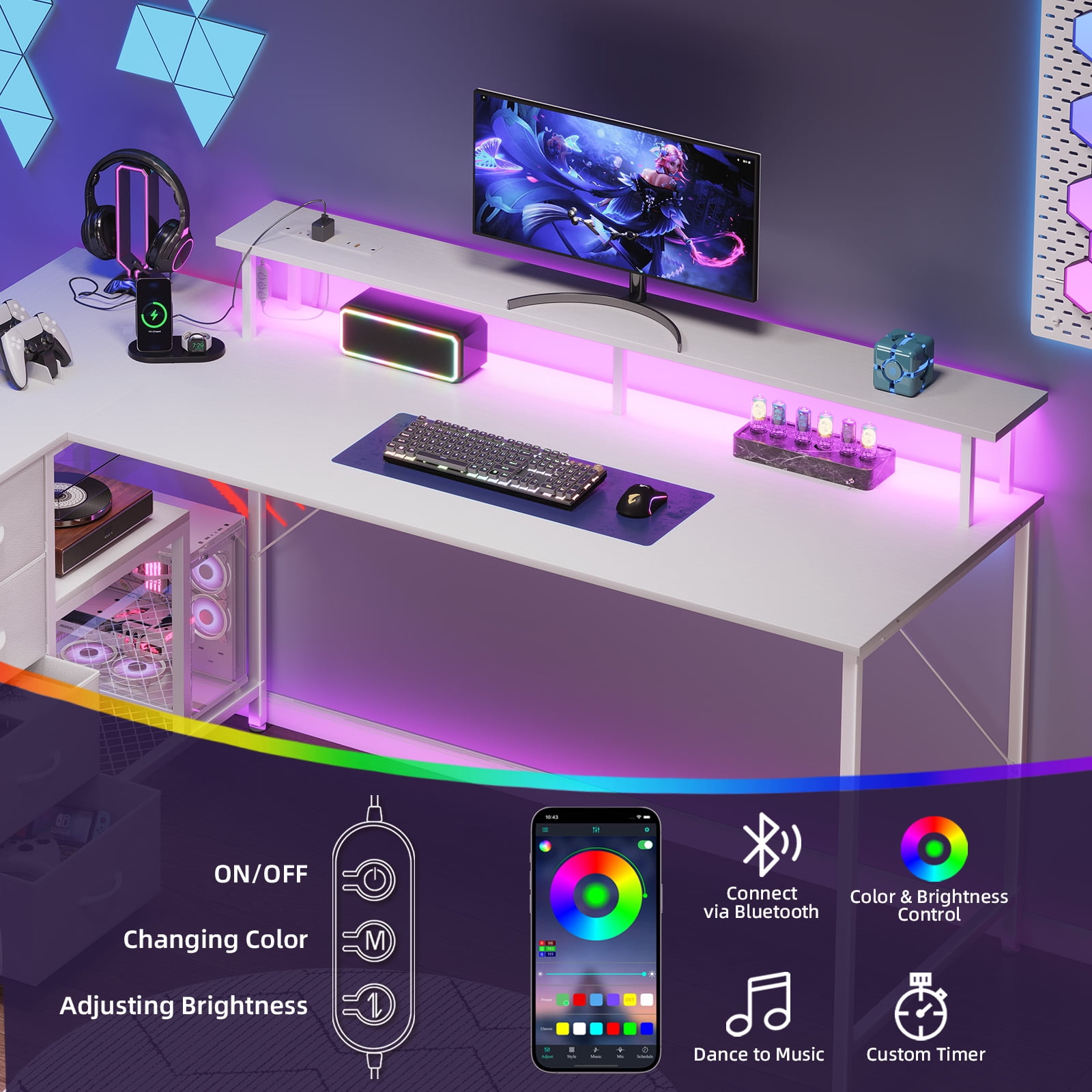 Eunos 61 inch L Shaped Gaming Desk with Power Outlets & LED Light, Computer Desk with 4 Tiers Drawers for Home Office, White