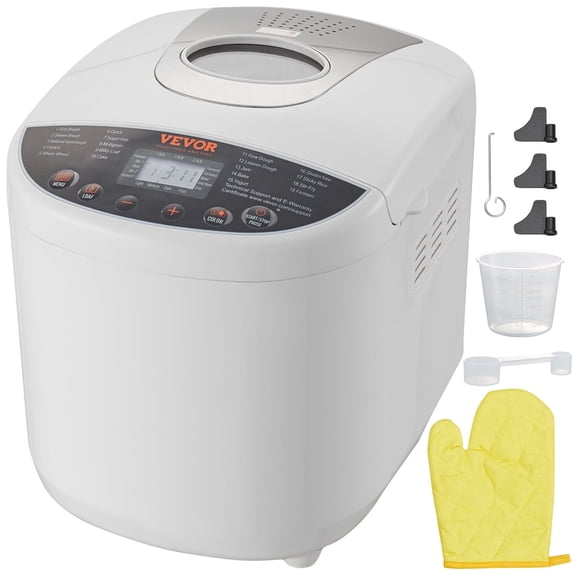 VEVOR Bread Maker, 19-in-1 2LB Automatic Bread Machine, Nonstick Ceramic Pan, 15-Hour Delay Timer, Programmable Gluten-Free & Whole Wheat Mode, 3 Loaf Sizes, 3 Crust Colors, White
