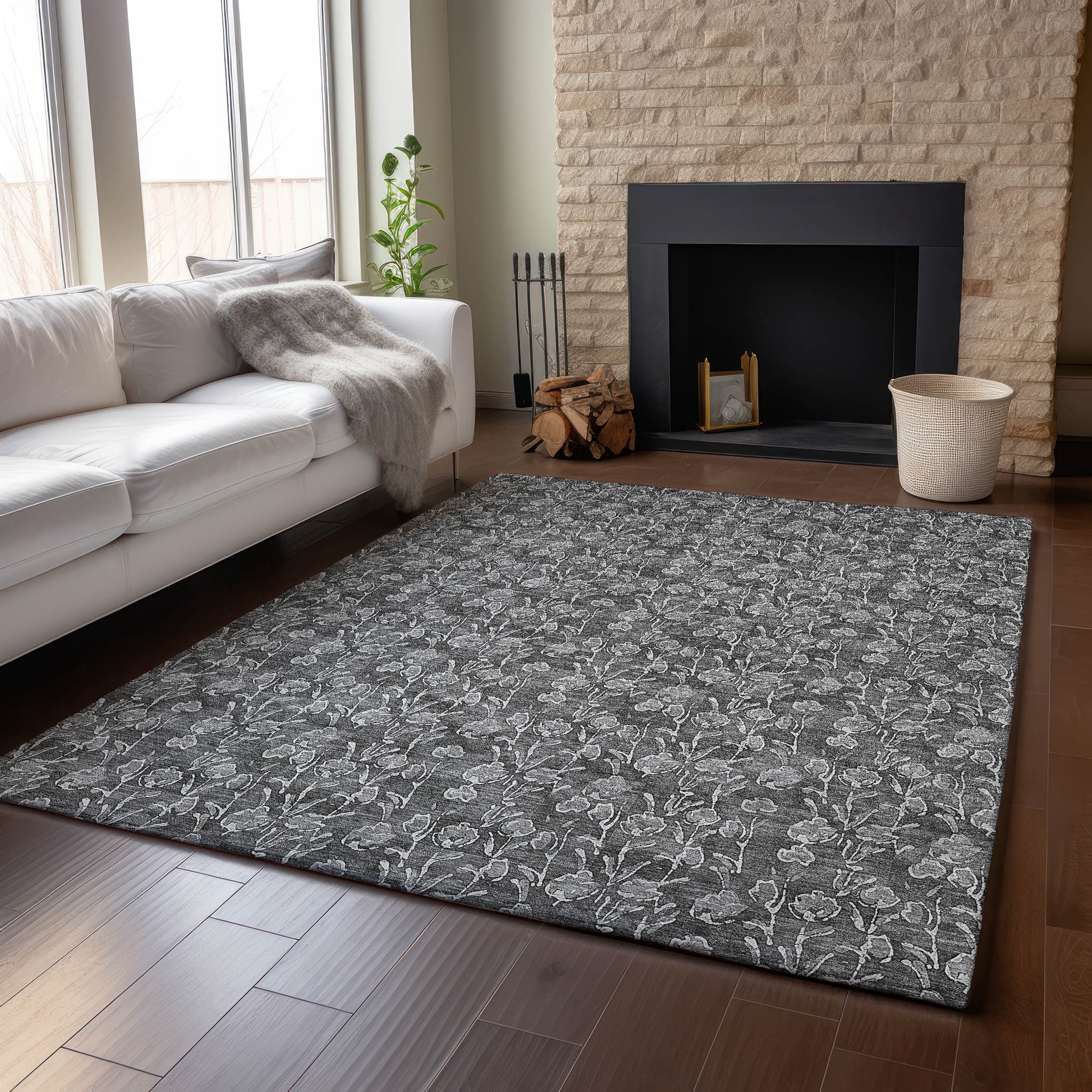 Addison Rugs Mayfield Washable Transitional Floral Gray Rectangle Rug, 9' x 12'