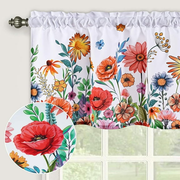 Alishomtll Valance Curtains Blossom Floral Print Window Curtain Valance Rod Pocket, 52W" x 18L",White