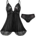 thumbnail image 2 of DAKIMOE Sexy Lingerie for Women Pajamas Set Open Front V Neck Ruffle Sheer Mesh Lace Wireless Babydoll Lingerie Dress with Thong 2 Piece for Valentine's Day, 2 of 11