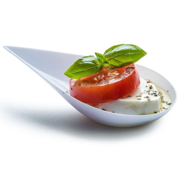 DLux 100 4-in Tear Drop Mini Appetizer Plates, Reusable White Plastic Spoons - Desserts and Appetizers Dishes Serving Plate - Asian Spoon Set, Small