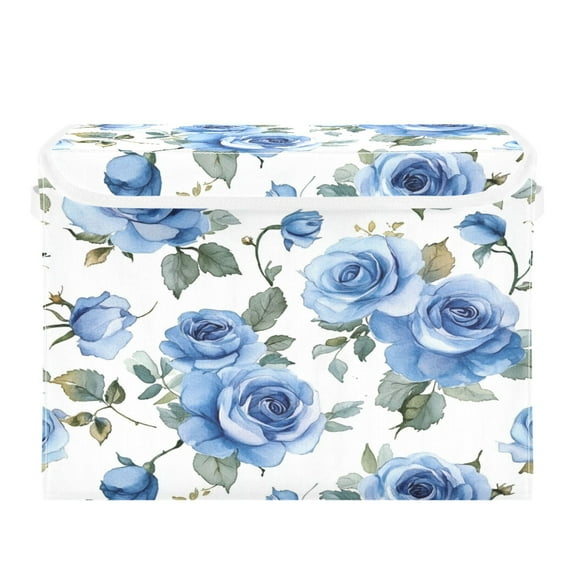 WOBOGO Blue Rose Large Collapsible Storage Box Flip Lid Fabric Decorative Organizer Container Basket with Handles 16.5×12.6×11.8in