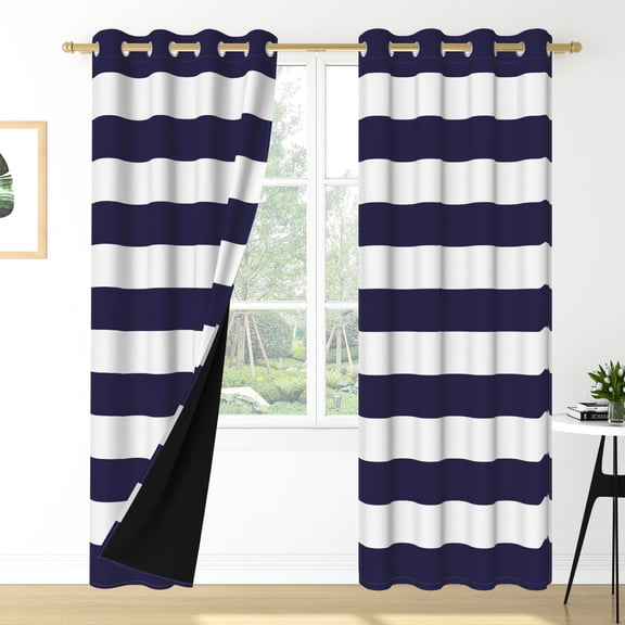 Nanqianyi Navy Blue Striped Blackout Curtains, Room Darkening Thermal Insulated with Grommet Window Drapes for Bedroom 2 Panels Per Set 52"x63"