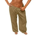 thumbnail image 4 of Cotton Linen Pants Women Flowy Comfy Low Rise Wide Leg Pants Casual Lounge Drawstring Boho Beach Palazoo Trousers Brown XL, 4 of 6
