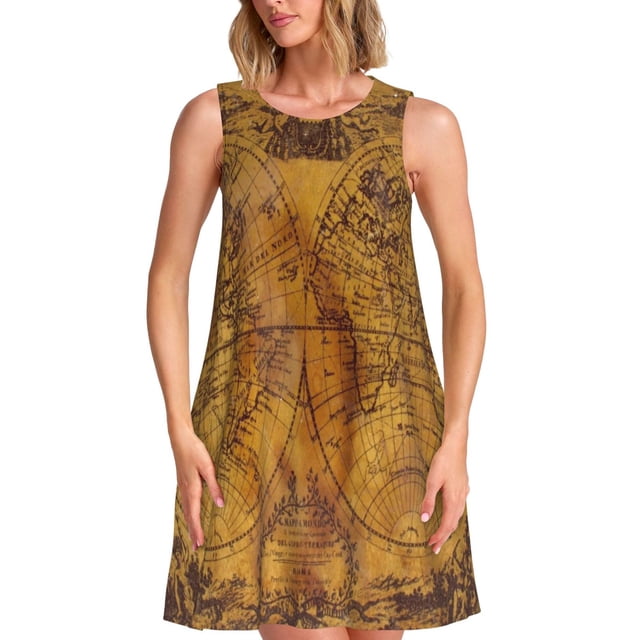 Fotbe Vintage Map Vestido de Verano sin Mangas para Mujer – Vestido Midi Línea A, Estilo Camiseta Floral, Vestido Playero Casual y Fluido